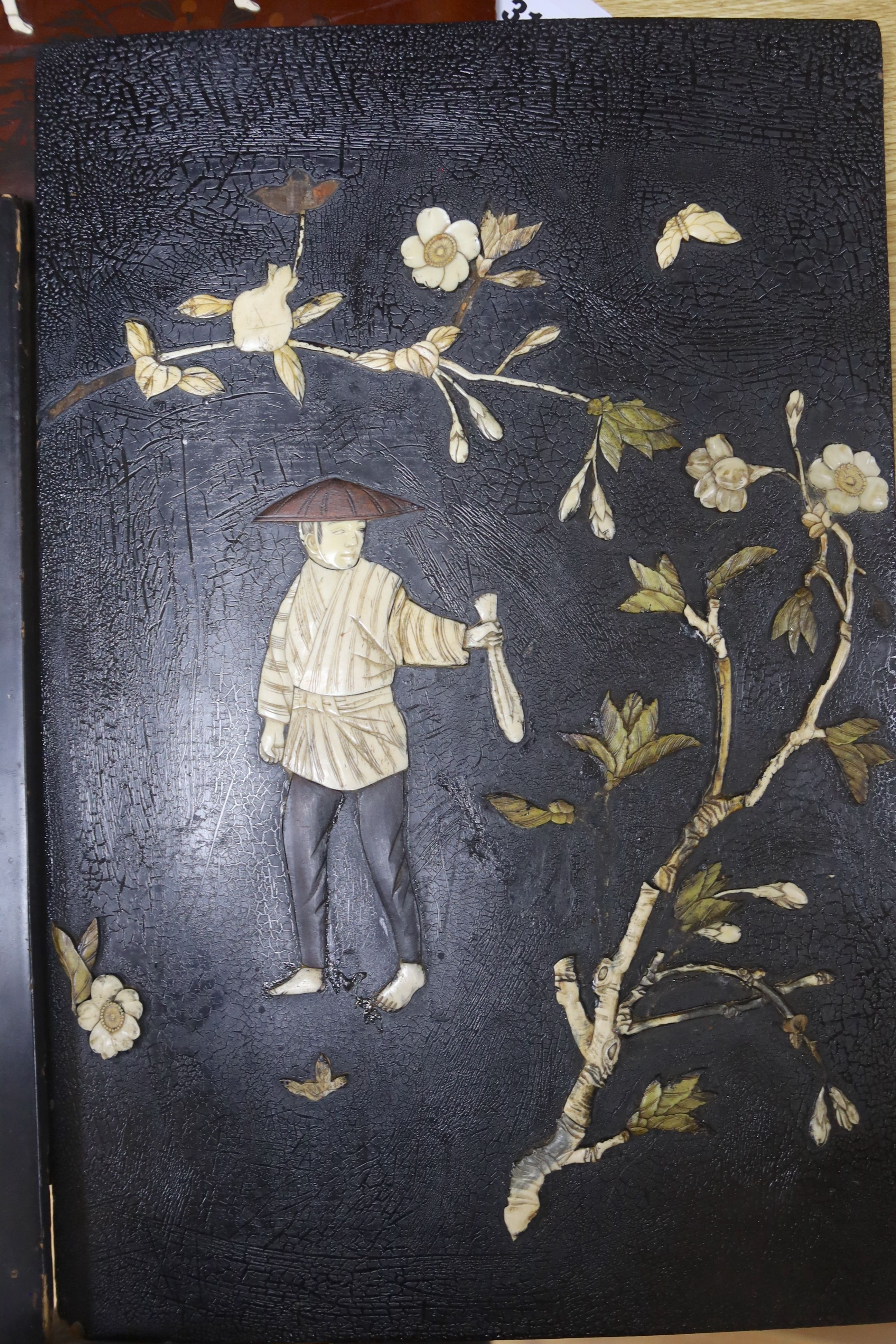 Five 19th century Japanese lacquer and bone panels, largest 45 x 30cm